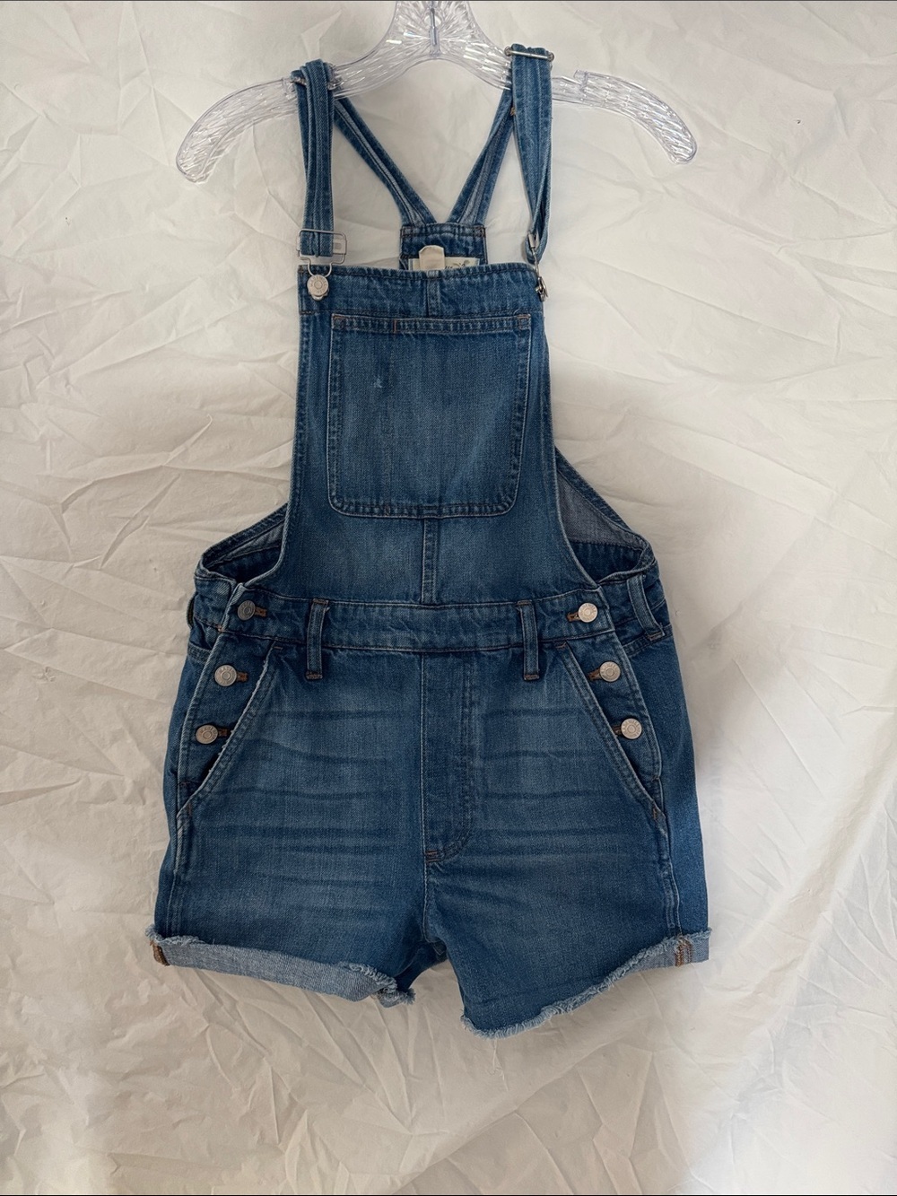 Madewell Blue Denim Overall Shirts with Brown Stitching and Raw Hem